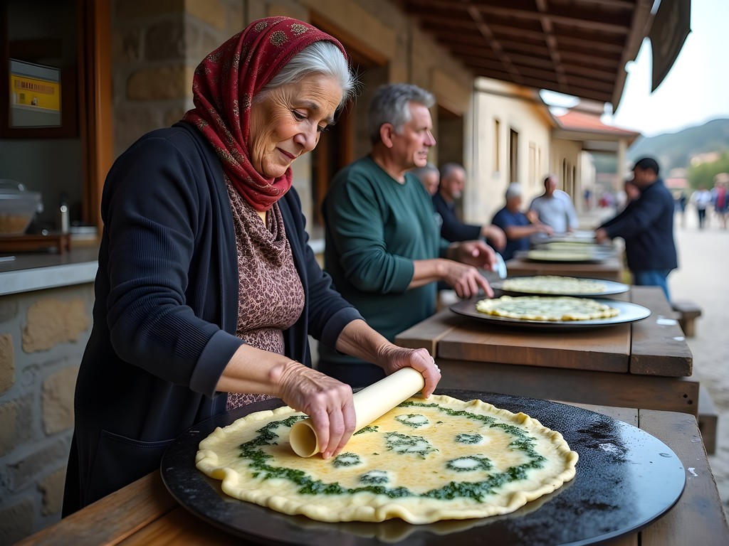 Traditional Turkish gözleme being prepared by local woman on outdoor griddle