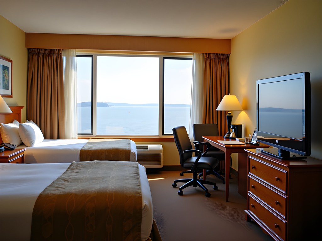 Budget hotel room with view of Lake Erie in the distance