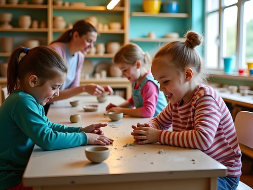 Family participating in ceramic workshop at Erie children's museum