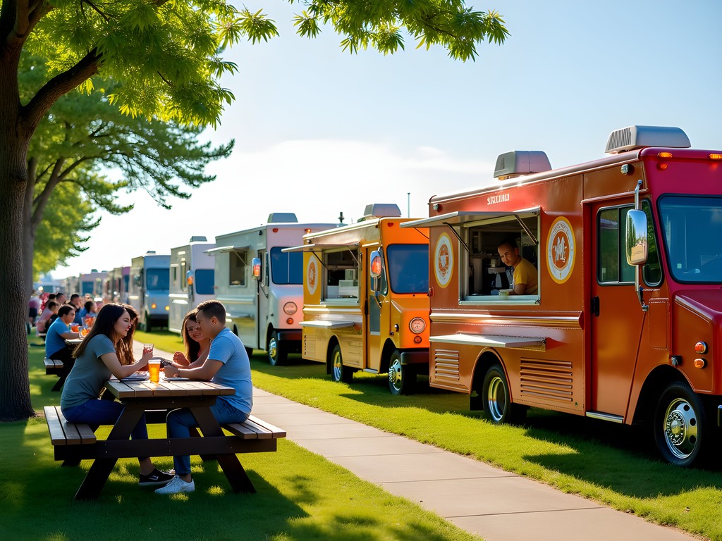 Colorful food trucks lined up along Erie's waterfront with families enjoying meals