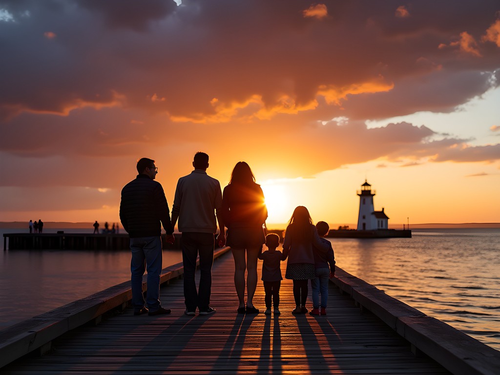 Family silhouetted against Lake Erie sunset at Dobbins Landing