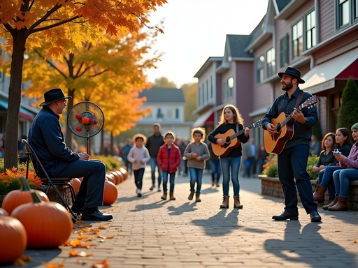 Street performers entertaining families at The Essex Experience during fall