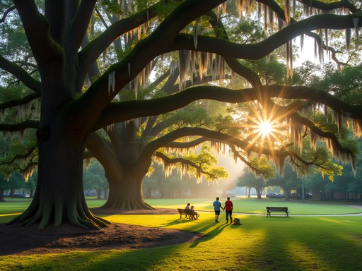 Ancient oak trees with Spanish moss in Timrod Park, Florence SC