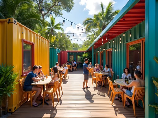 Colorful container hostel in Foz do Iguaçu with hammocks and social area