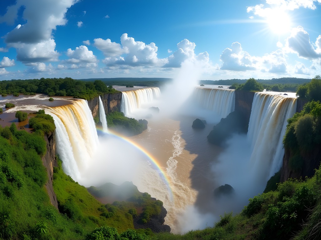 Panoramic view of Iguazu Falls from Brazilian side with rainbow