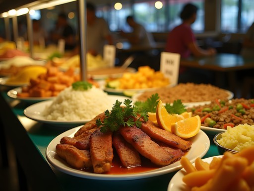 Brazilian por kilo restaurant buffet with local dishes and price per weight display