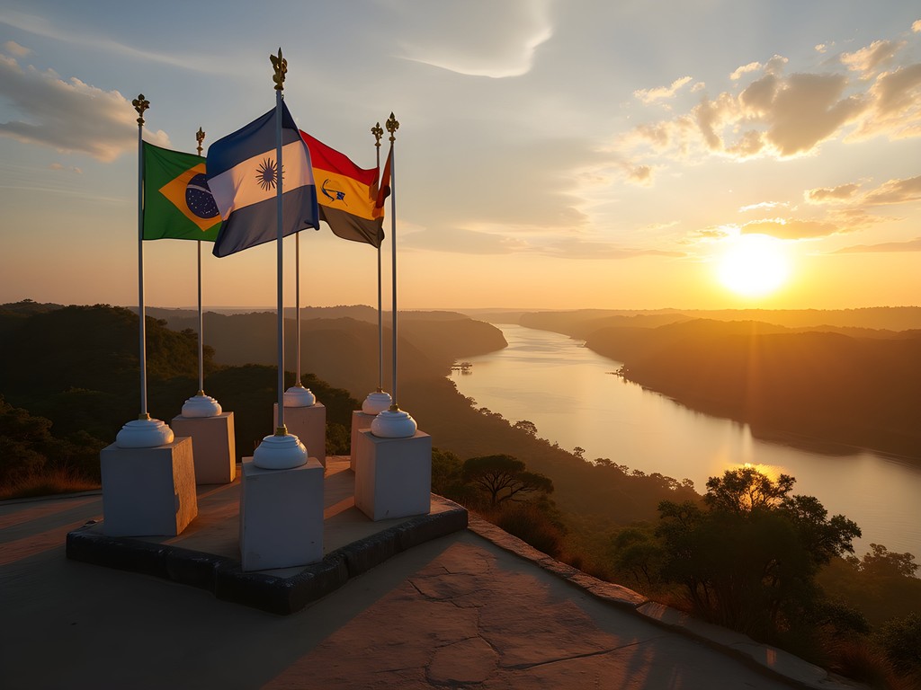 Sunset view of Three Borders Landmark where Brazil, Argentina and Paraguay meet