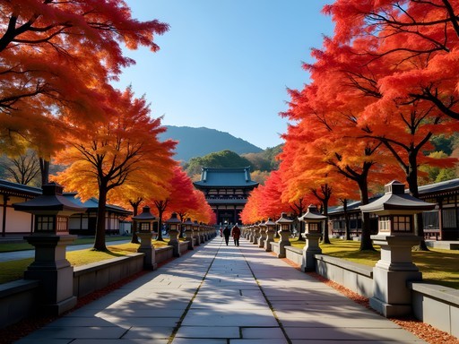 Path leading to Dazaifu Tenmangu Shrine lined with autumn trees and traditional stone lanterns
