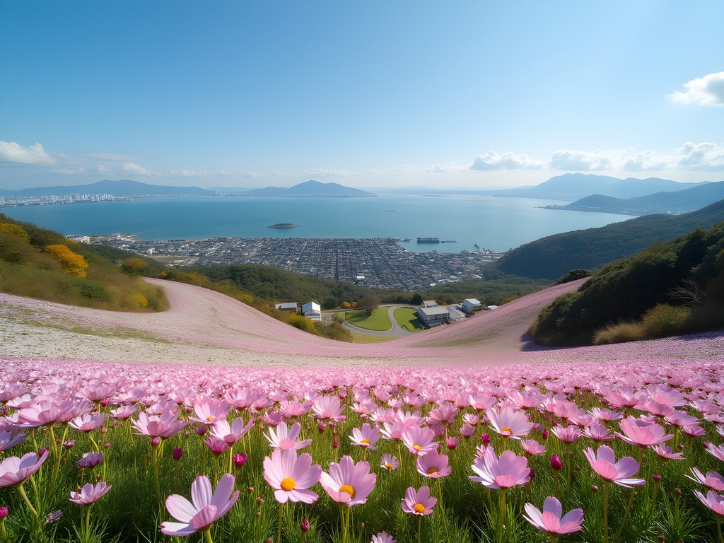 Panoramic coastal view from Nokonoshima Island showing Hakata Bay and flower fields in autumn