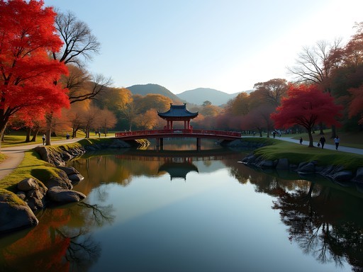 Scenic morning view of Ohori Park in Fukuoka with traditional Japanese bridges and autumn foliage