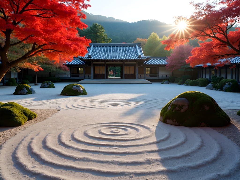 Serene Zen garden at Shofukuji Temple in Fukuoka with raked gravel patterns and autumn foliage