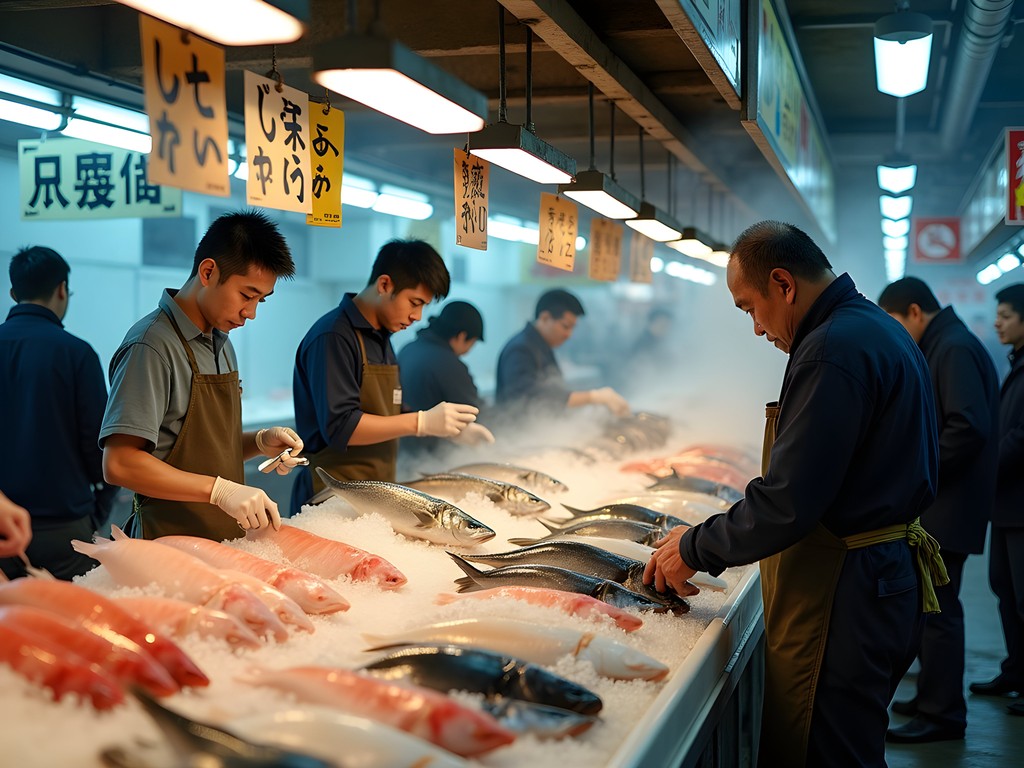 Early morning activity at Yanagibashi Fish Market in Fukuoka with vendors displaying fresh seafood