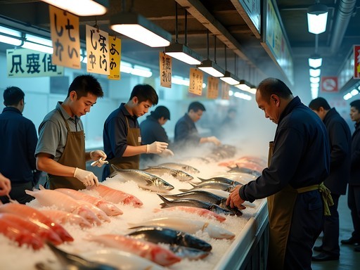 Early morning activity at Yanagibashi Fish Market in Fukuoka with vendors displaying fresh seafood