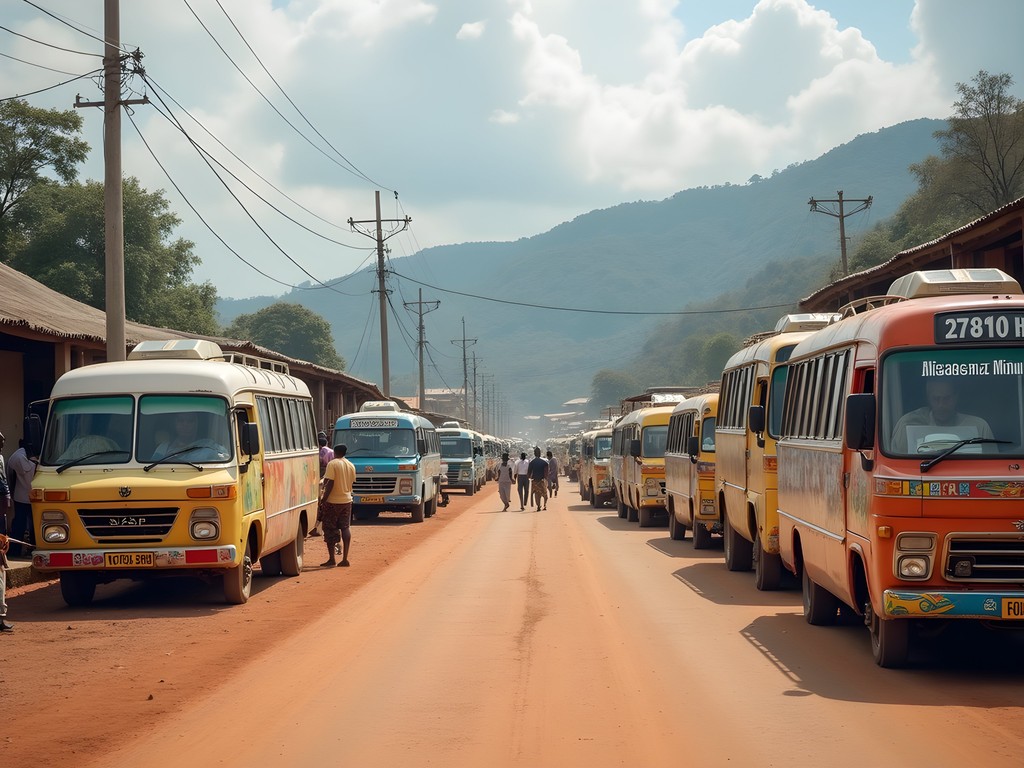 Local matatu minibus station at Gitega's central market with colorful vehicles and passengers