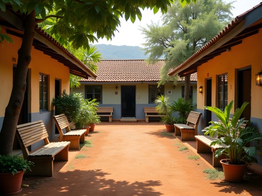 Peaceful garden courtyard at the Catholic Mission Guesthouse in Gitega