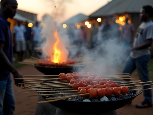 Local street food vendors grilling brochettes in Gitega's evening market