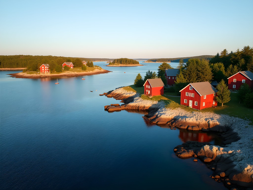 View of Gothenburg's southern archipelago islands with red wooden houses and boats
