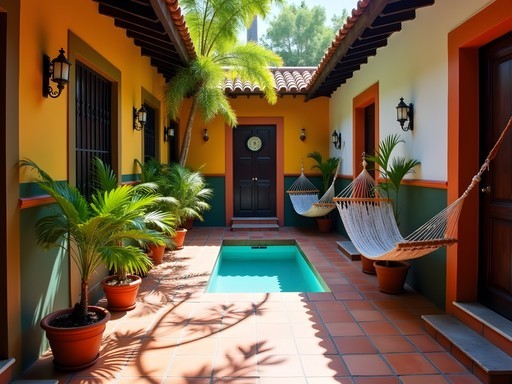 Colonial hostel courtyard with hammocks and tropical plants in Granada, Nicaragua