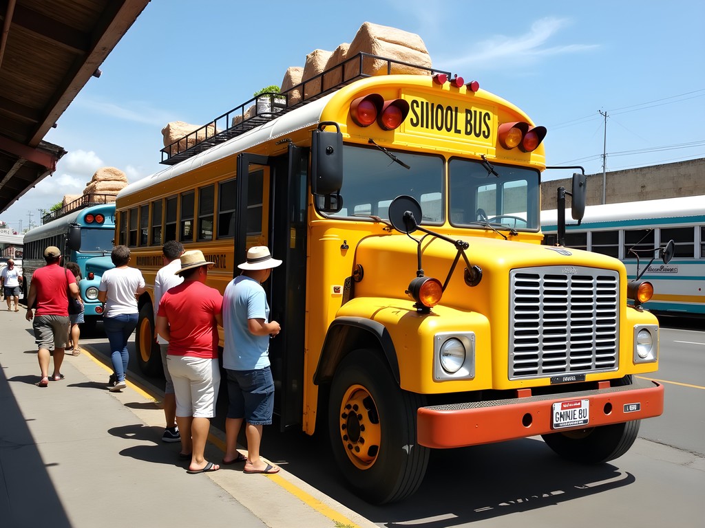 Colorful converted school bus (chicken bus) at Granada's bus terminal with locals boarding