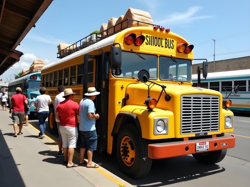 Colorful converted school bus (chicken bus) at Granada's bus terminal with locals boarding