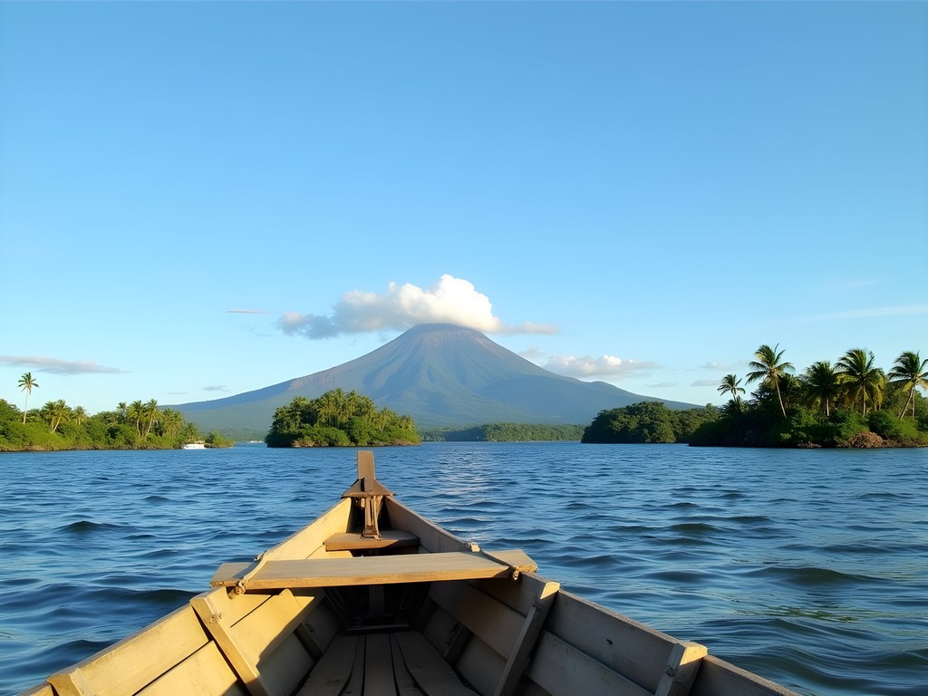 Local wooden boat navigating through Las Isletas with view of small islands and Mombacho volcano in background