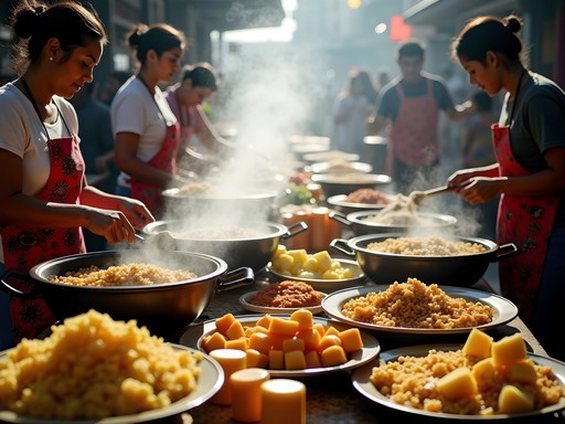 Colorful food stalls at Mercado Municipal in Granada with local dishes and fresh produce