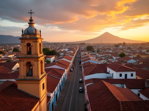 Sunset panoramic view of Granada's colorful colonial buildings and Mombacho volcano from La Merced bell tower