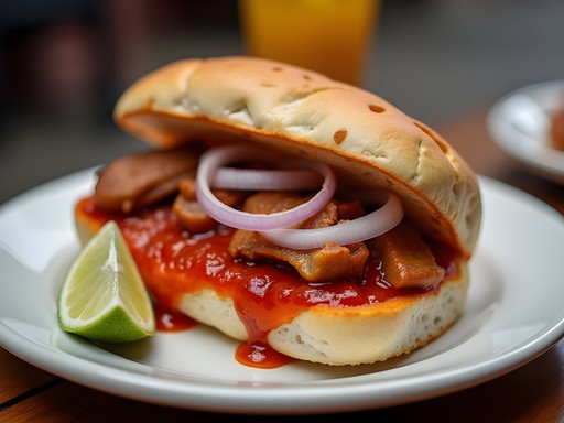 Traditional torta ahogada sandwich from a street vendor in Guadalajara