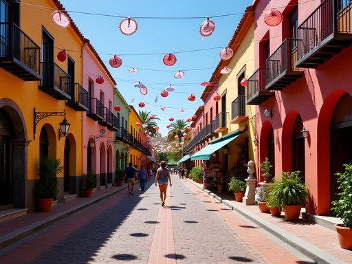 Colorful artisan street in Tlaquepaque with traditional crafts and architecture