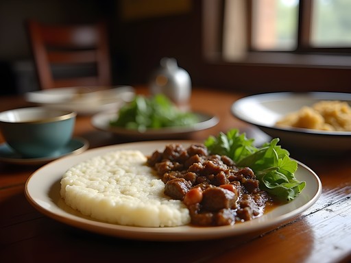 Traditional Zimbabwean sadza meal with stew at a local Gweru restaurant
