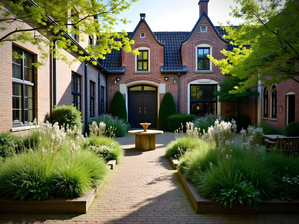 Peaceful historic hofje courtyard garden in Haarlem with blooming spring flowers
