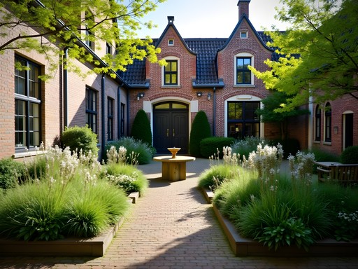 Peaceful historic hofje courtyard garden in Haarlem with blooming spring flowers