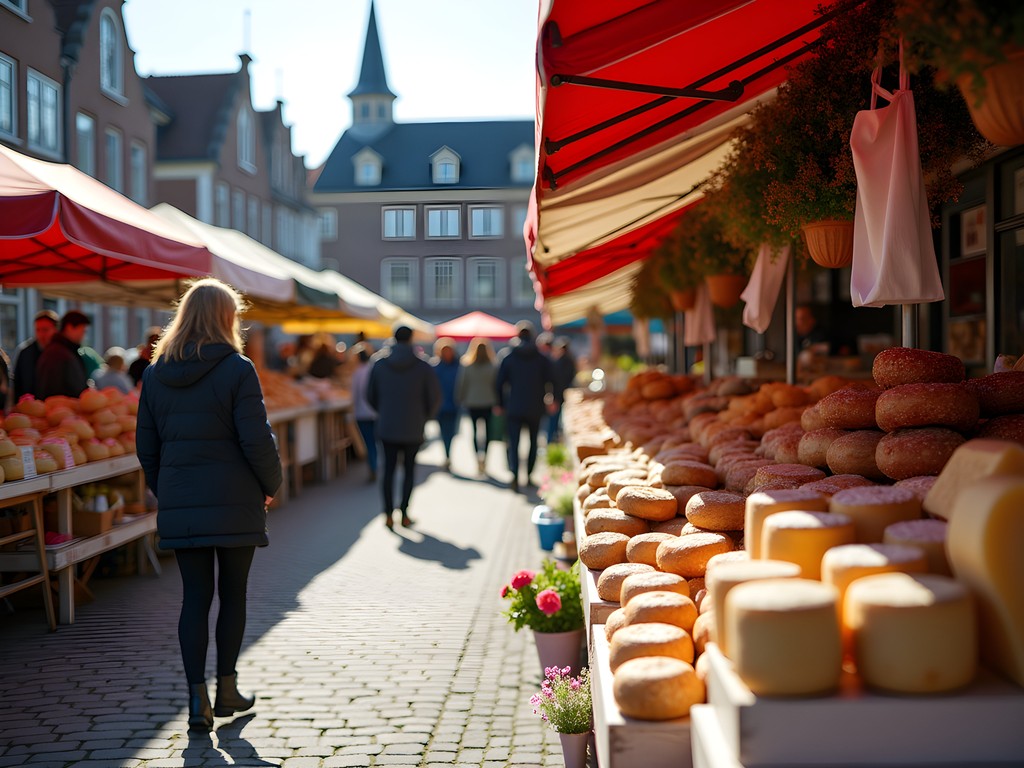 Colorful food stalls at Haarlem's Saturday market with local produce and Dutch specialties