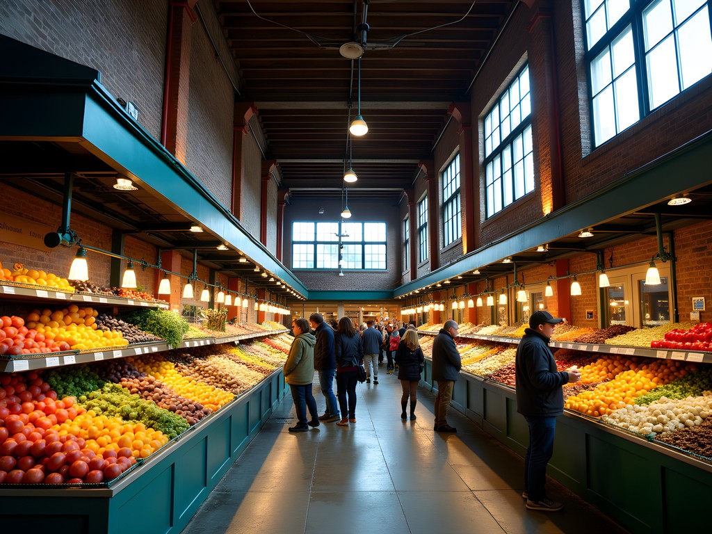 Interior of historic Broad Street Market with diverse food vendors and shoppers