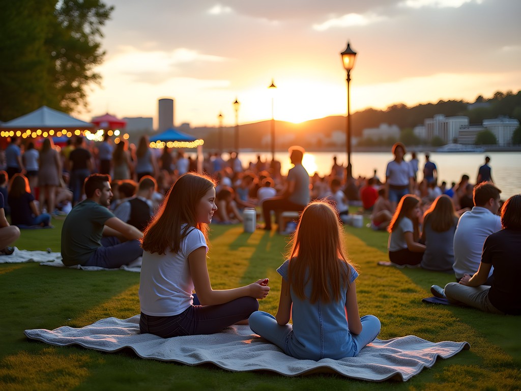 Families enjoying outdoor festival along Harrisburg's riverfront with city skyline