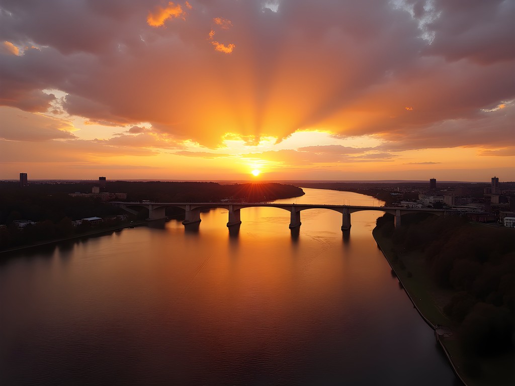 Sunset over Susquehanna River with Harrisburg skyline and bridges