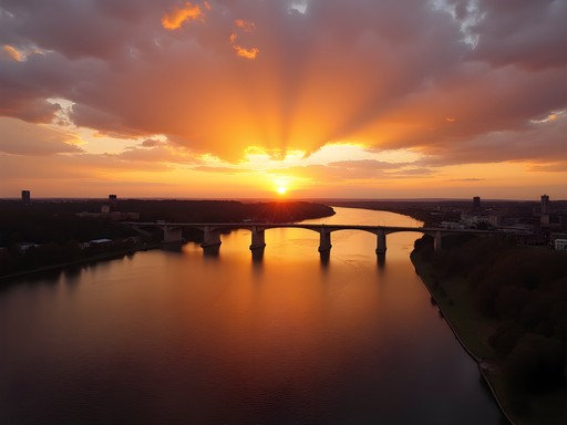 Sunset over Susquehanna River with Harrisburg skyline and bridges