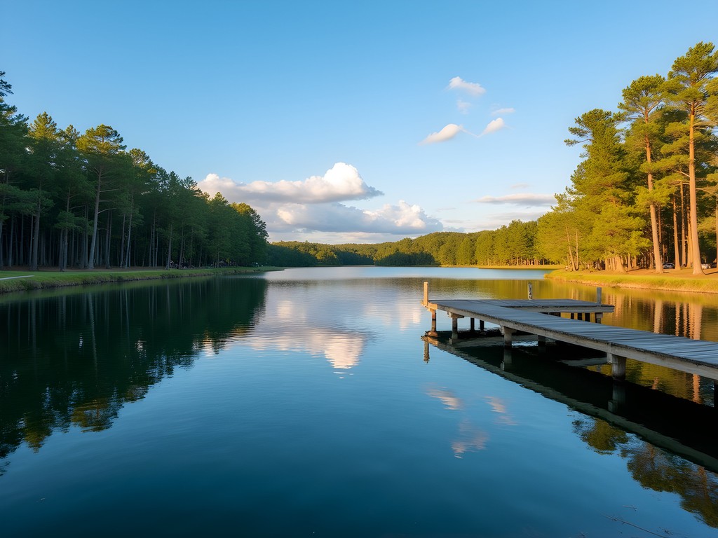 Peaceful lake view at Paul B Johnson State Park Mississippi with pine trees