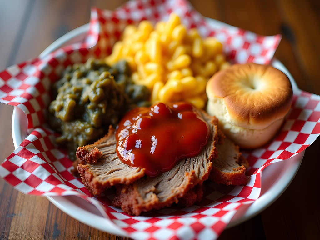 Traditional Mississippi BBQ plate with pulled pork and southern sides