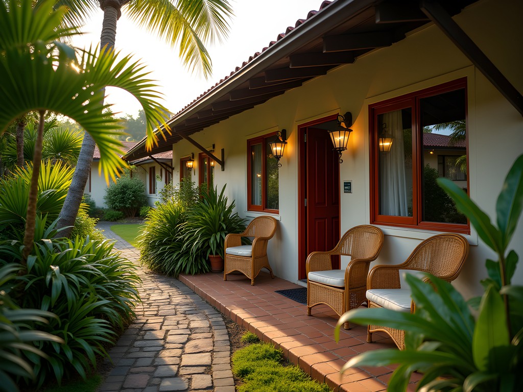 Lush garden entrance of a budget guesthouse in Hilo with tropical plants and covered patio