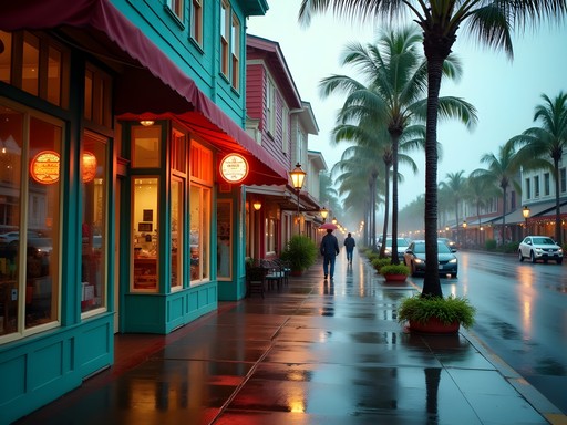 Charming rainy street in downtown Hilo with historic buildings, palm trees, and pedestrians with umbrellas