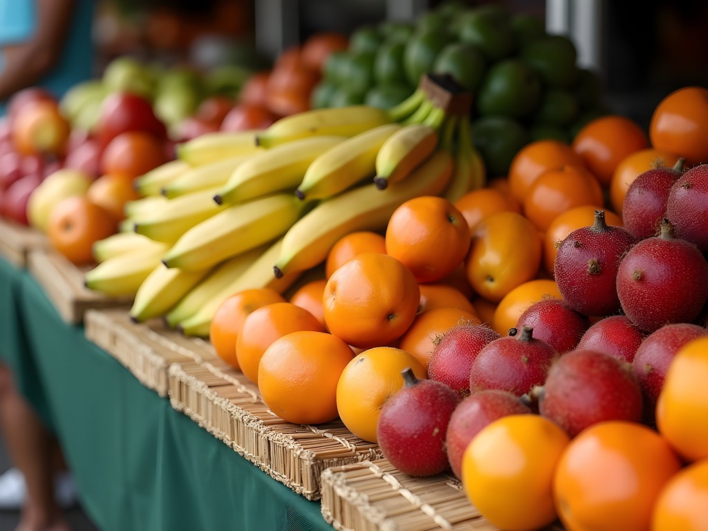 Colorful display of tropical fruits at Hilo Farmers Market including papayas, apple bananas, and rambutans