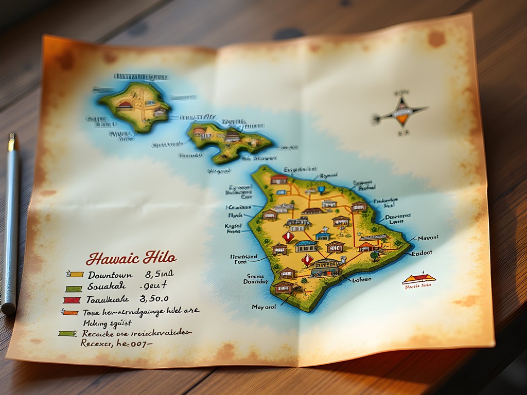 Illustrated map showing Hilo's different neighborhoods with budget accommodation options highlighted