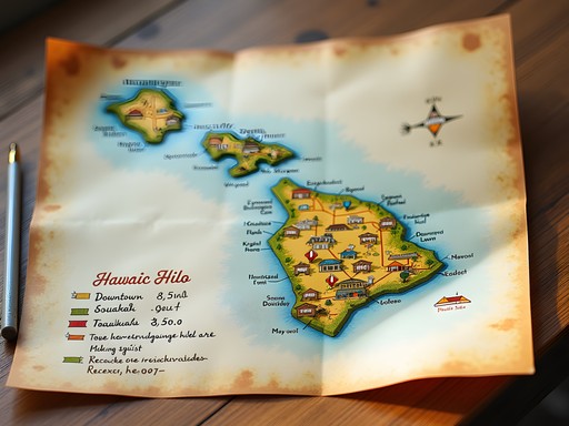 Illustrated map showing Hilo's different neighborhoods with budget accommodation options highlighted