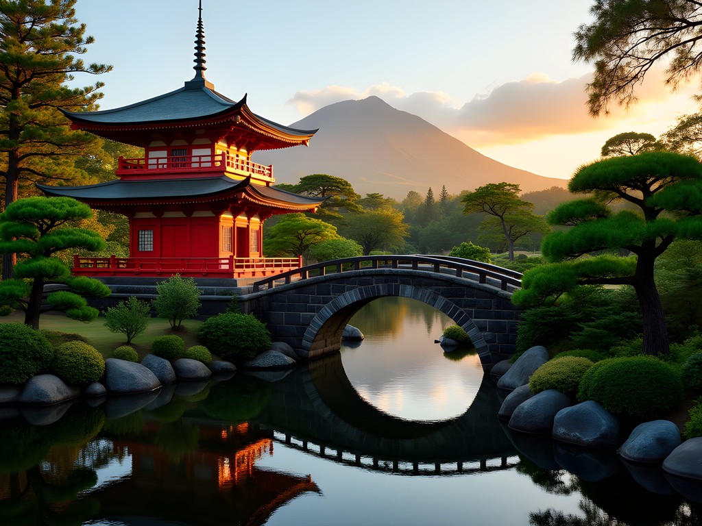 Morning light at Liliuokalani Japanese Gardens in Hilo with pagoda, arched bridge, and Mauna Kea in distance