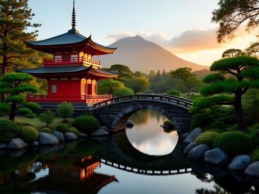 Morning light at Liliuokalani Japanese Gardens in Hilo with pagoda, arched bridge, and Mauna Kea in distance
