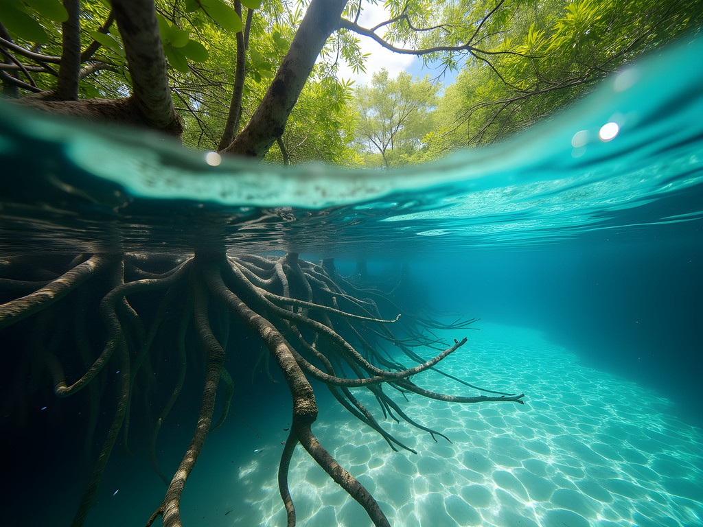 Sunlight filtering through mangrove roots at Bahía de Naranjo Natural Park, Holguín