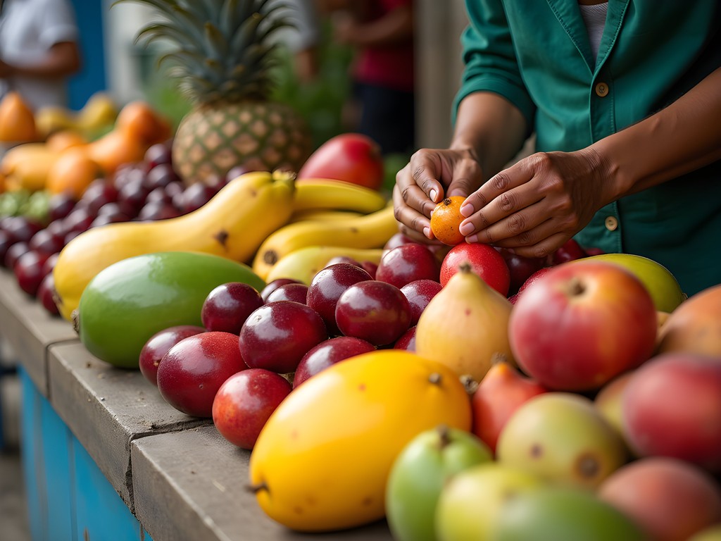 Colorful tropical fruit display at local market in Holguín, Cuba