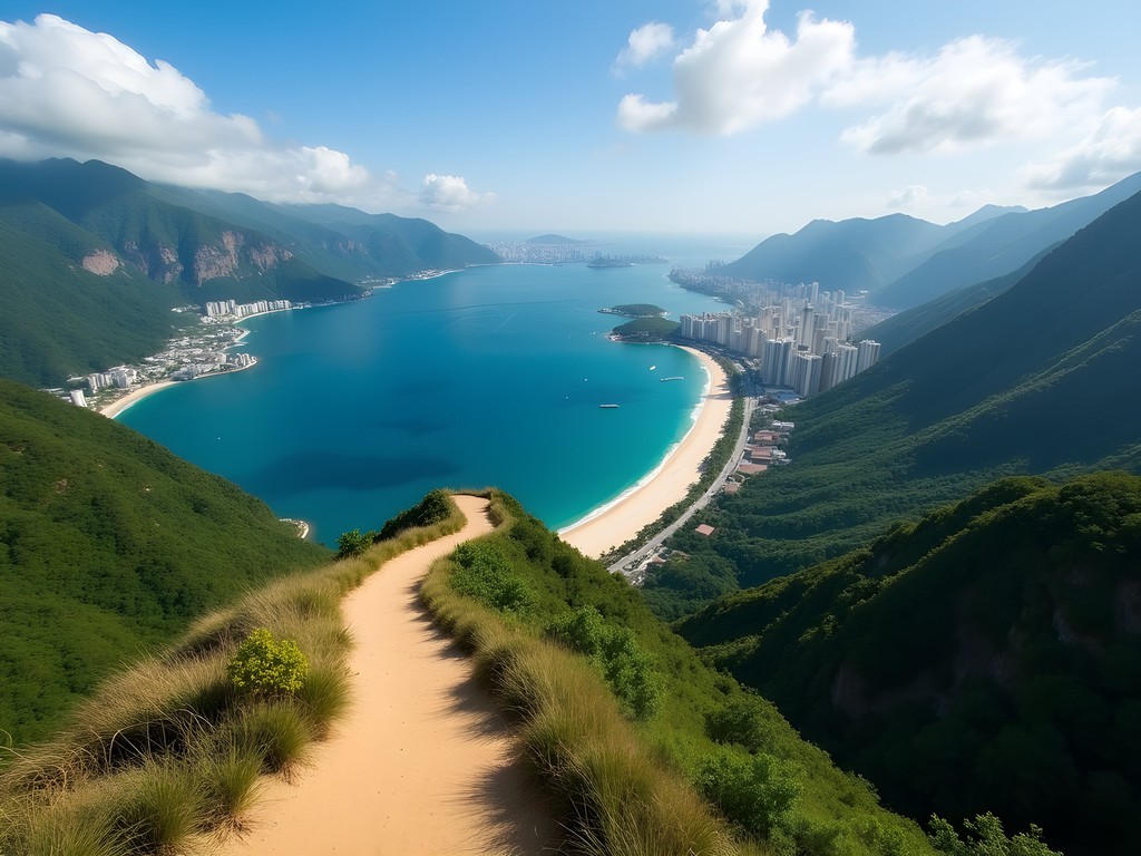Panoramic view from Dragon's Back hiking trail showing coastline and islands of Hong Kong