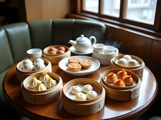 Traditional Hong Kong dim sum spread with bamboo steamers and tea on a round table